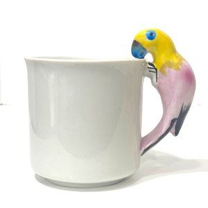 Vintage Pier 1 White Ceramic Mug 3D Sculpted Parrot Handle Made In Japan